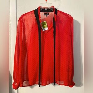 NWT- Sheer red long sleeve blouse with black polka dots size large